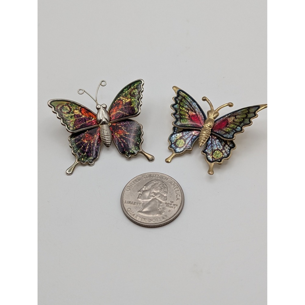 Vintage Foil Glitter Butterfly Brooch Lot 2 Gold Tone Jelly Belly Pin Set - Picture 4 of 11